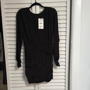 Zara Black Ruched Long Sleeve Cocktail Dress
